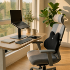 Modern office setup with a standing desk, chair, and laptop.
