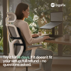 Person using a laptop on an adjustable desk with ErgoFix branding.
