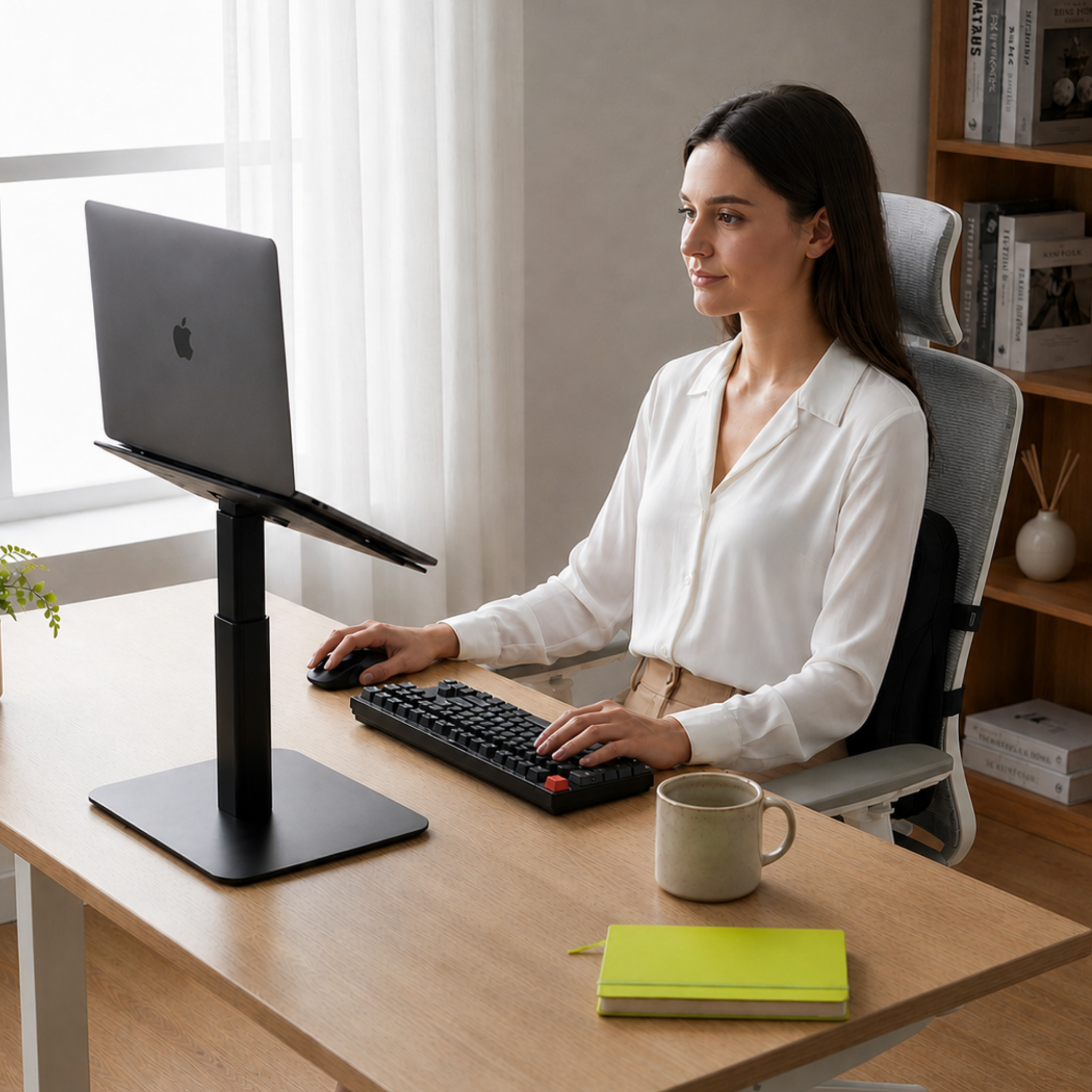 Woman working at a desk with a laptop and keyboard in a home office setting.