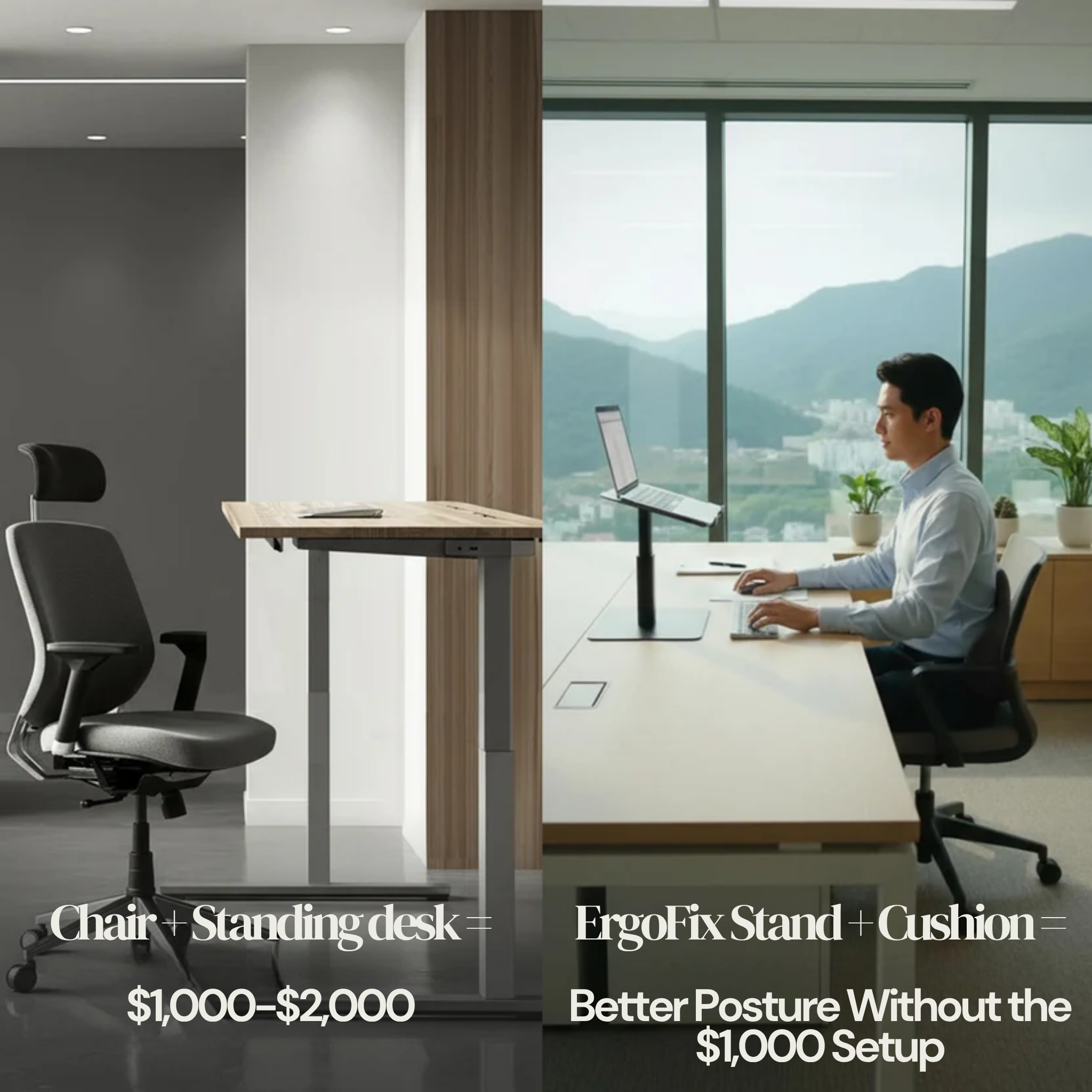 Modern office setup with a standing desk and ergonomic chair, featuring text about product pricing and benefits.