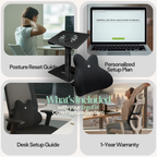 Ergonomic desk setup system with posture correction tools and digital resources.