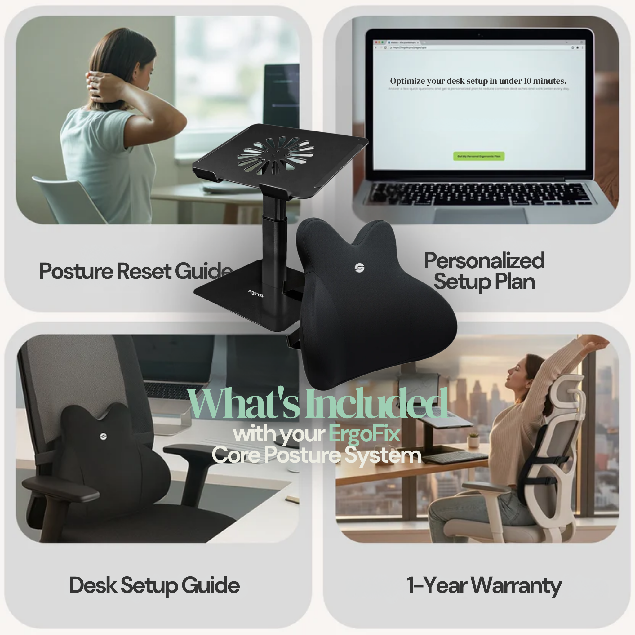 Ergonomic desk setup system with posture correction tools and digital resources.