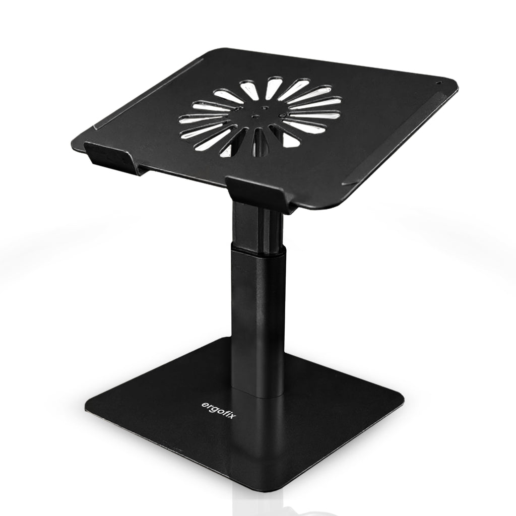 Black adjustable laptop stand on a white background