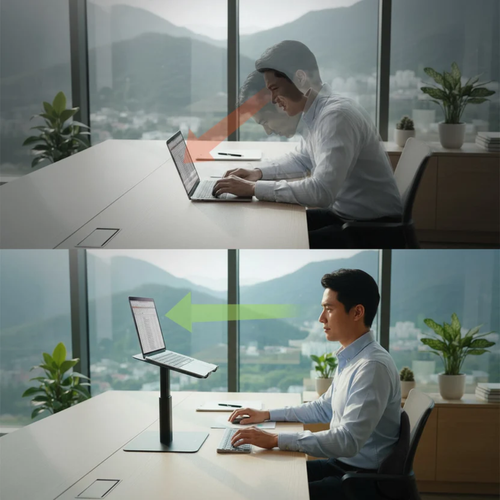 Person using a laptop at a desk with a scenic view, transitioning to a close-up of the laptop on a stand.