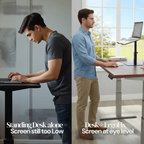 Two men using standing desks with ergonomic considerations highlighted.