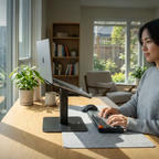 Person working at a desk with a computer and plants in a home office setting