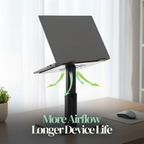 Laptop on a stand with text 'More Airflow Longer Device Life' in a home office setting.