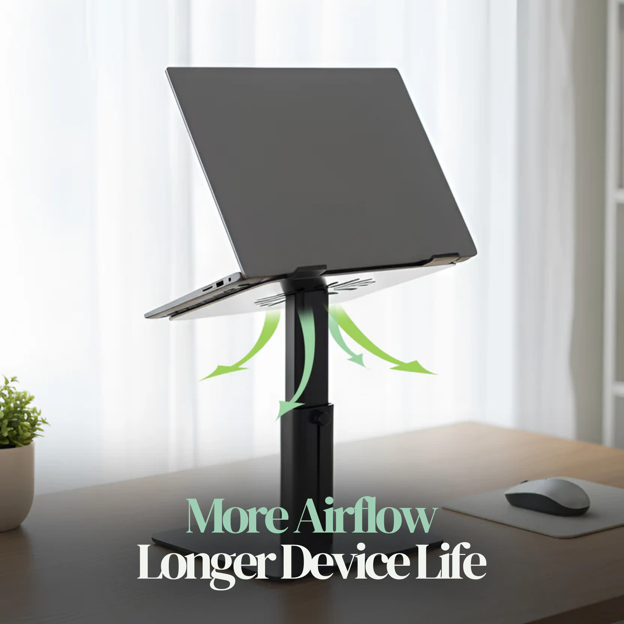 Laptop on a stand with text 'More Airflow Longer Device Life' in a home office setting.