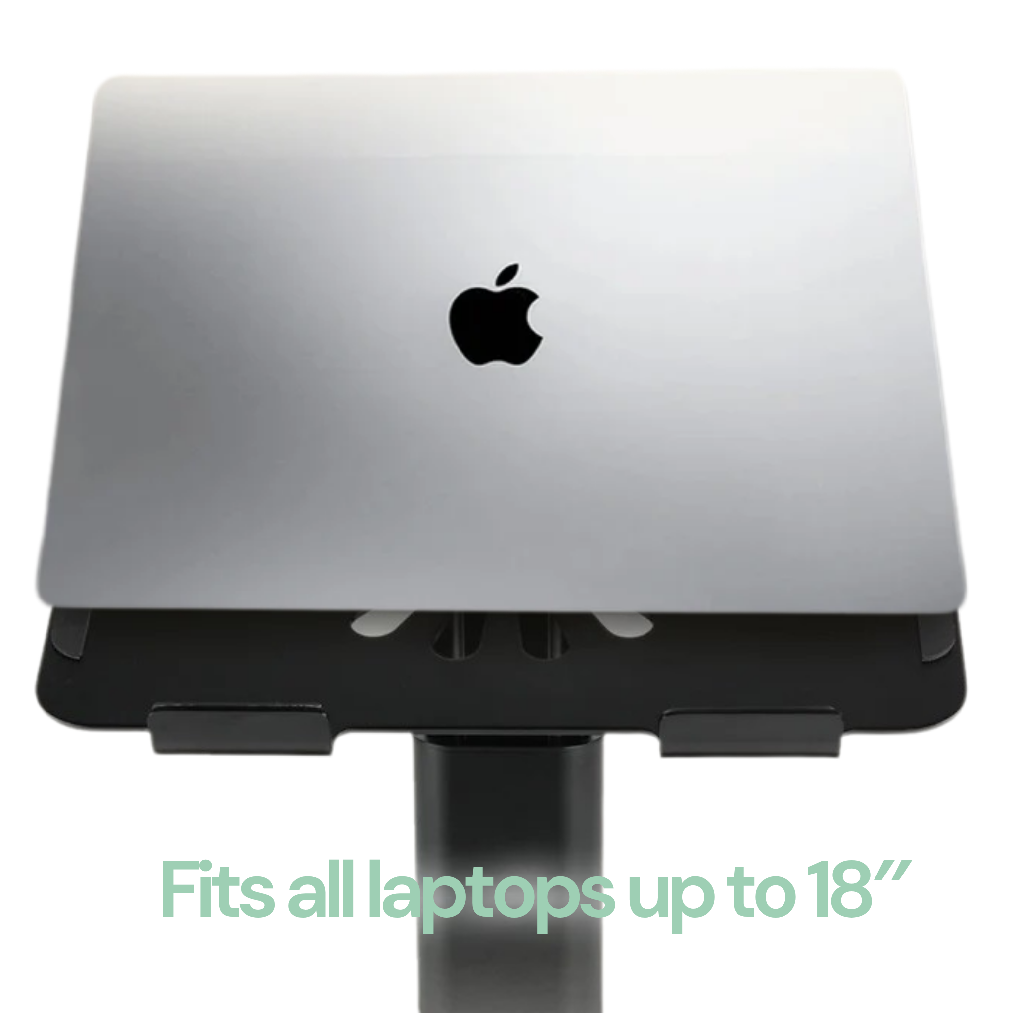 Laptop on a stand with an Apple logo on a white background