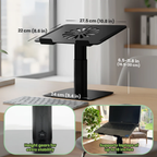 Black adjustable laptop stand with measurements and usage scenarios on a desk.