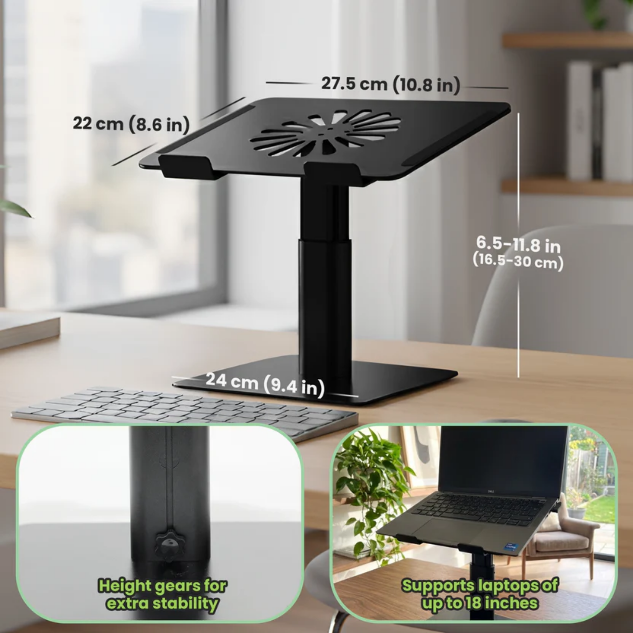 Black adjustable laptop stand with measurements and usage scenarios on a desk.