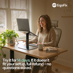 Woman sitting at a desk with a laptop, smiling, with ErgoFix branding and promotional text.