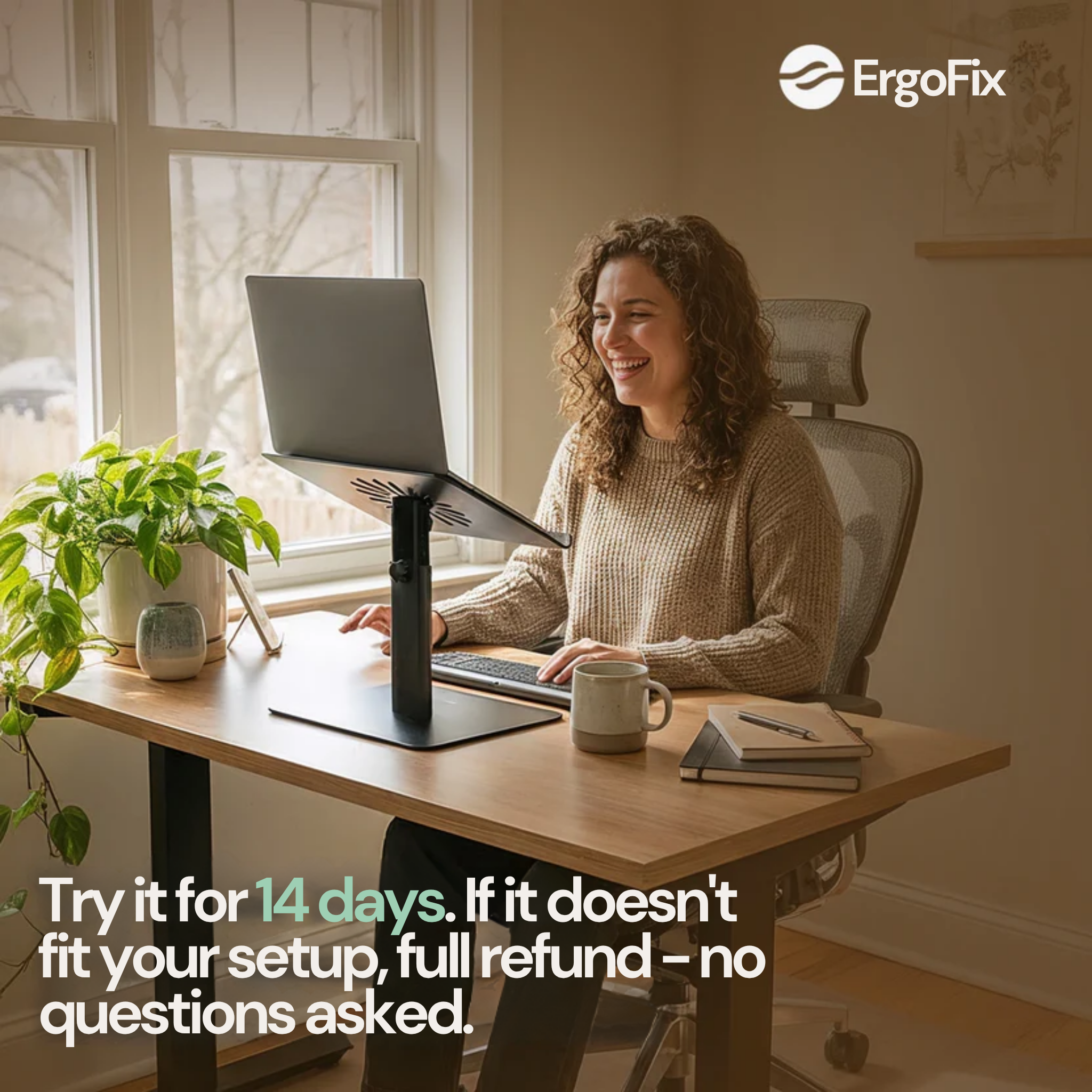 Woman sitting at a desk with a laptop, smiling, with ErgoFix branding and promotional text.