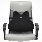 Black massage pillow on a gray office chair with a white background