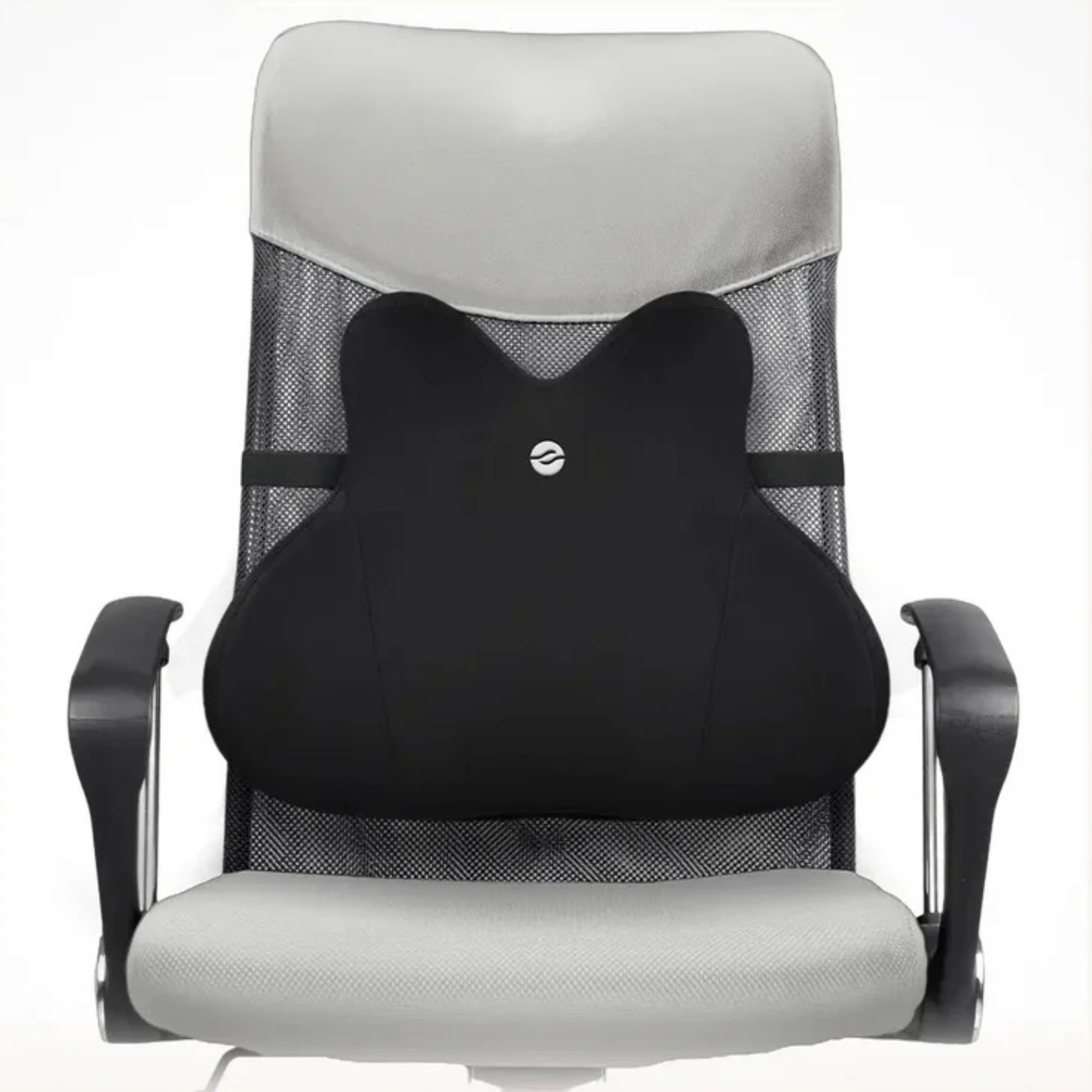 Black massage pillow on a gray office chair with a white background