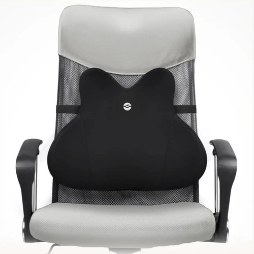 Black massage pillow on a gray office chair with a white background
