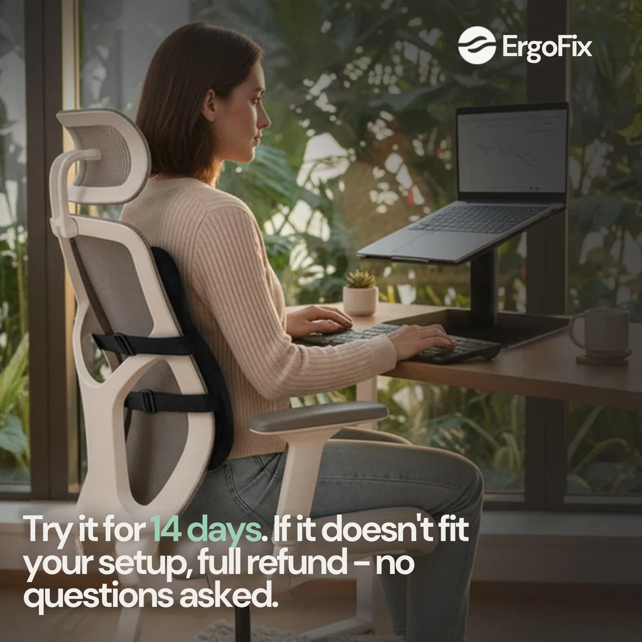 Person using ErgoFix chair at a desk with a laptop, surrounded by plants.
