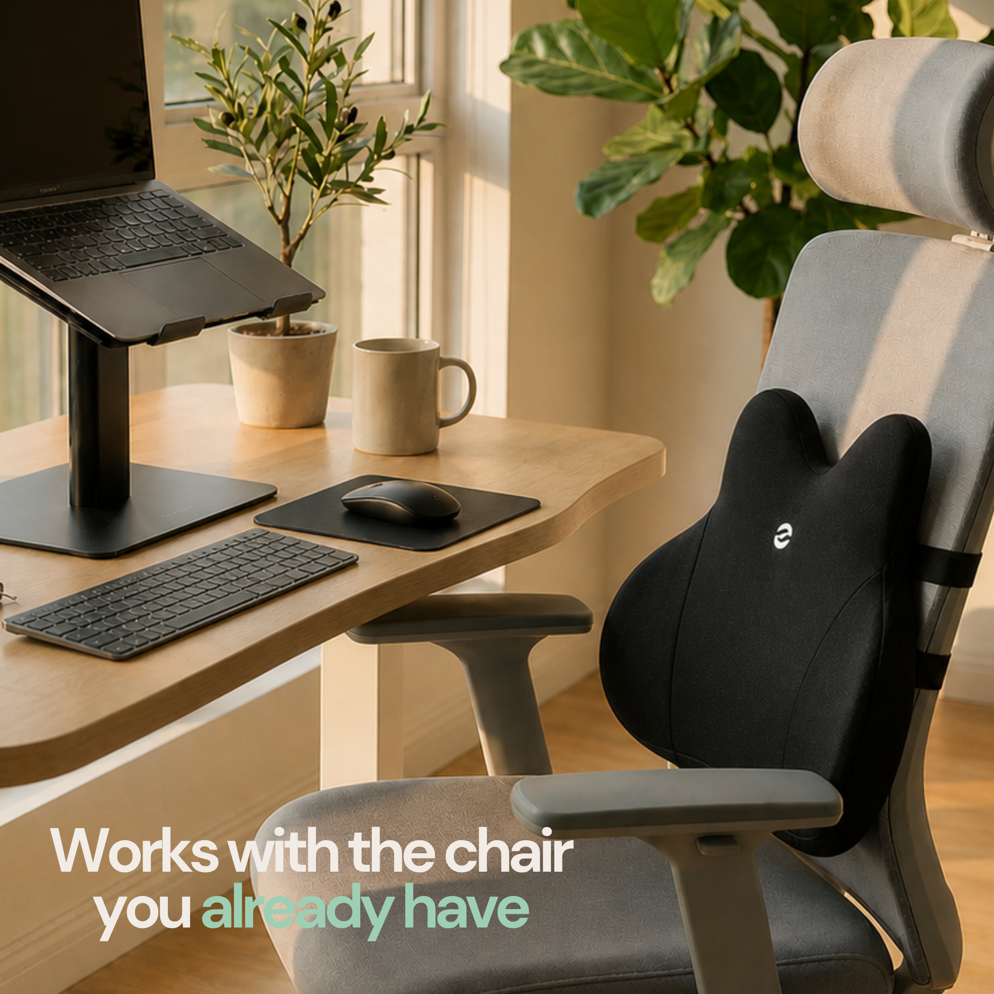 Ergonomic chair with a lumbar support pillow in an office setting