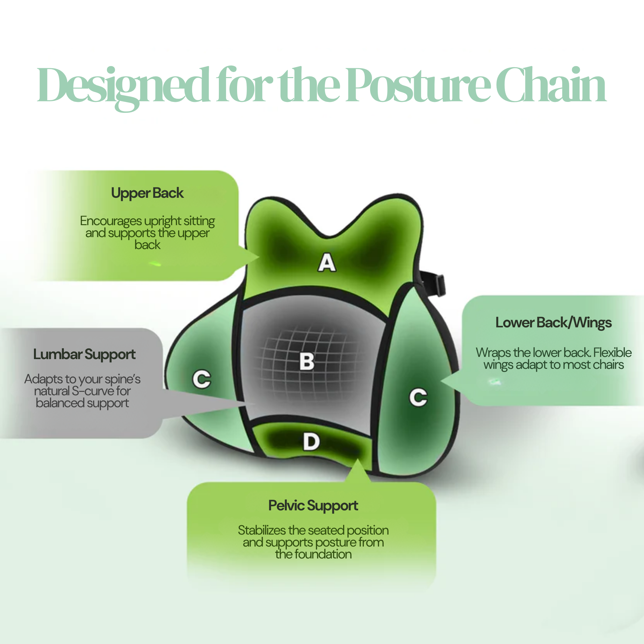Green ergonomic chair with labeled parts on a white background