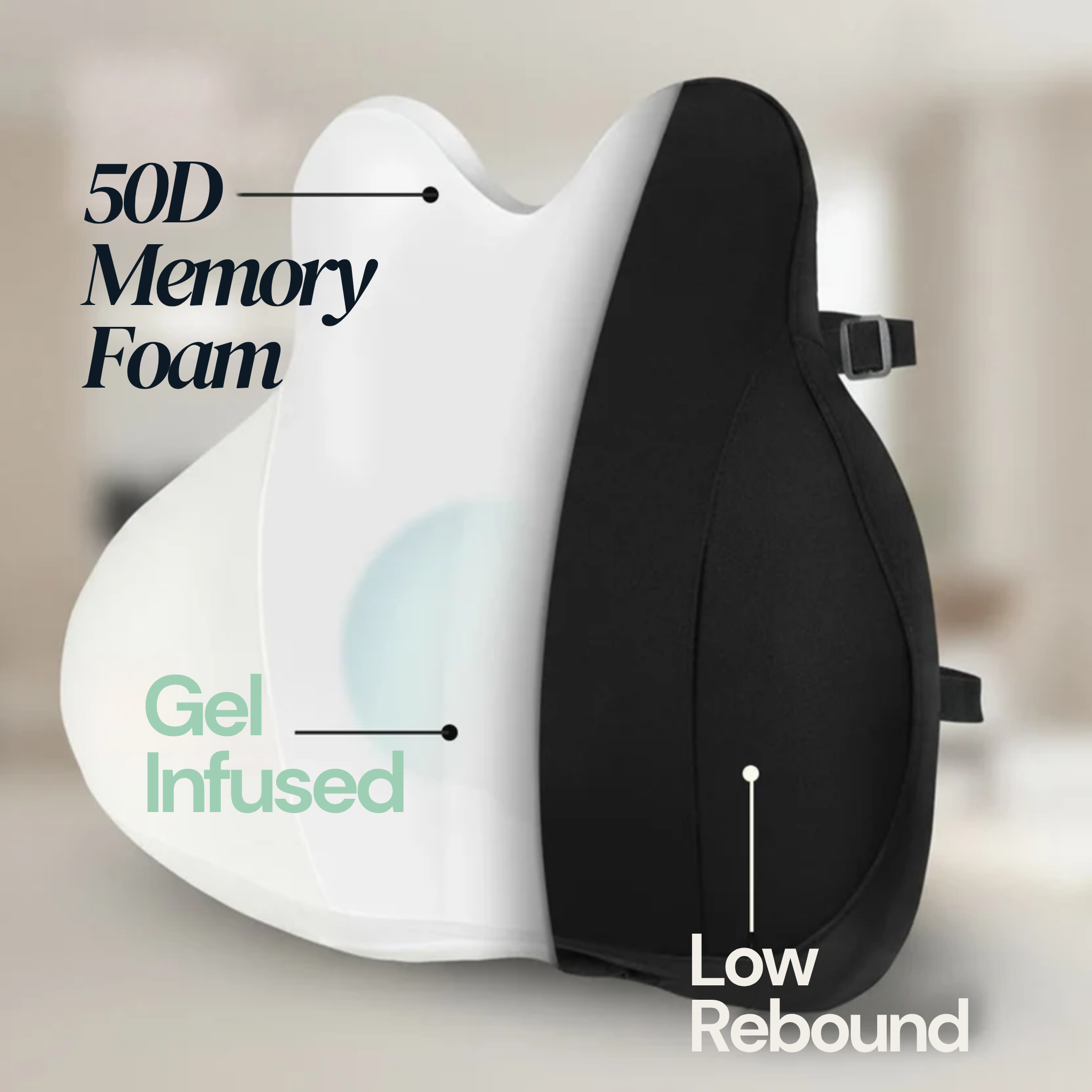 Backrest with 50D memory foam, gel infused, and low rebound text on a neutral background