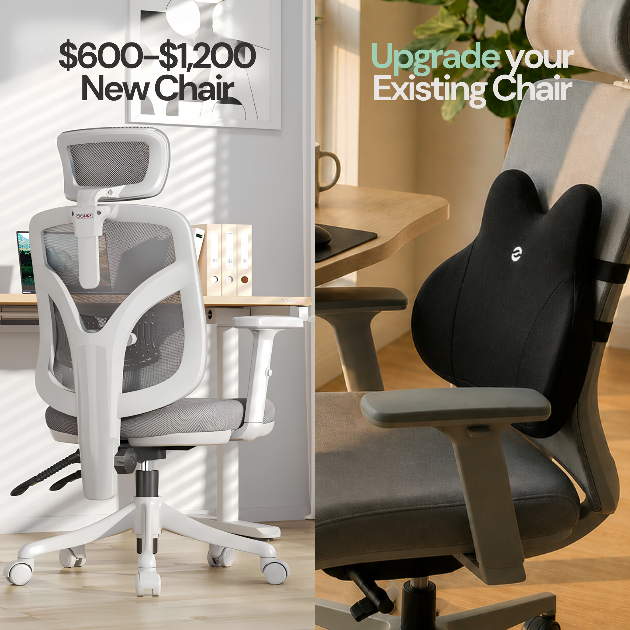 Two office chairs with text indicating price range and upgrade options.