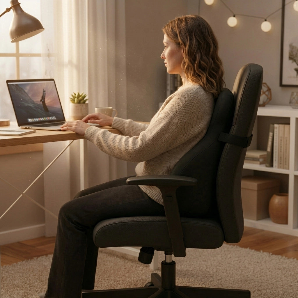 Woman sitting at a desk using a laptop in a home office setting.