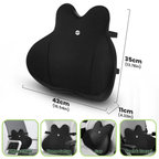 Black ergonomic seat cushion with dimensions and usage scenarios on a white background