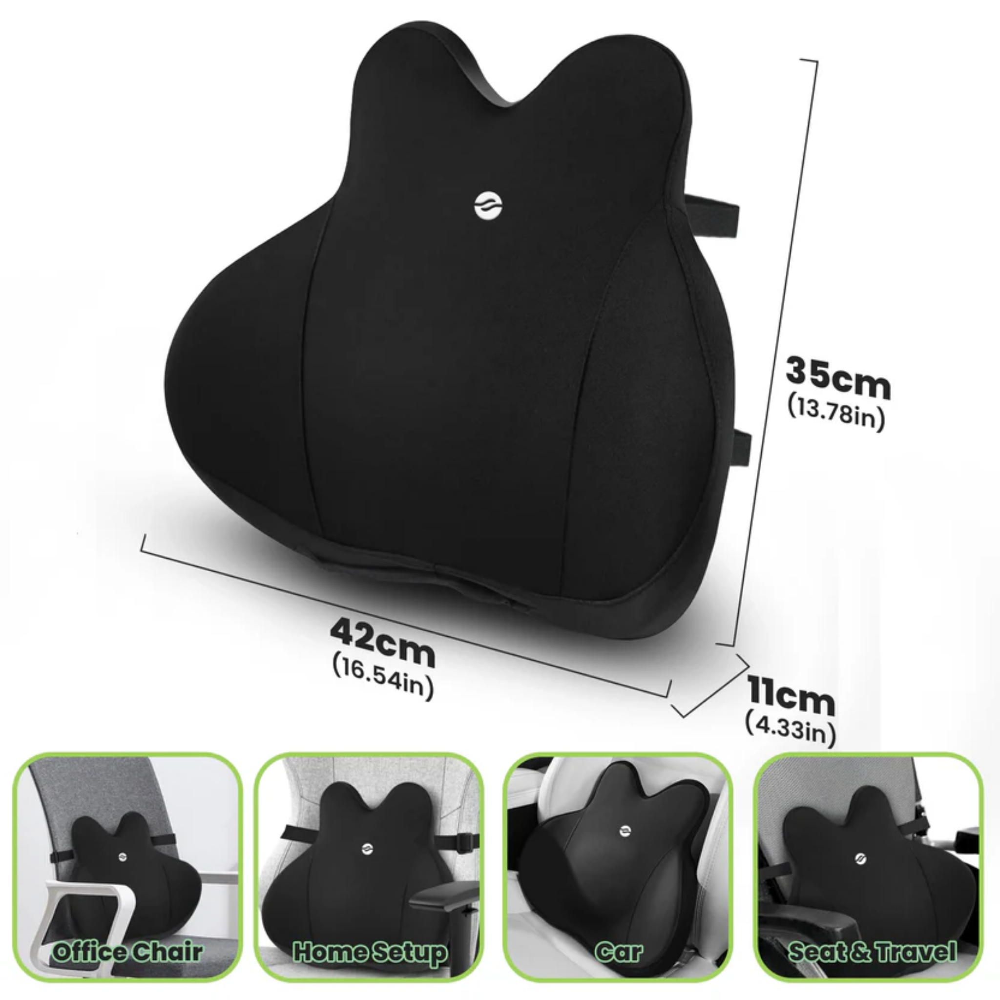 Black ergonomic seat cushion with dimensions and usage scenarios on a white background