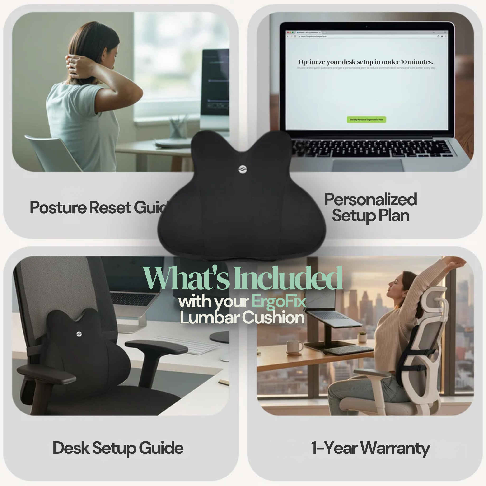 ErgoFix Lumber Cushion with desk setup guide, posture reset guide, and warranty information.